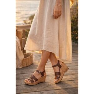 Korks by Kork-Ease Brown Leather Cork Wedge Sandals Womens 6 Boho Chic Coastal